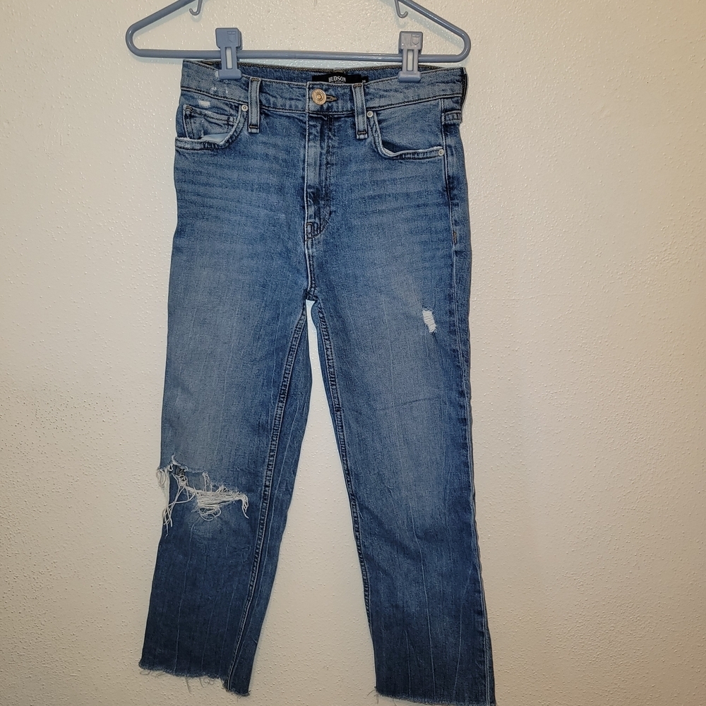 Hudson Remi High Rise Straight Crop Jeans Womens 26 Blue Oceanview Wash Raw Hem